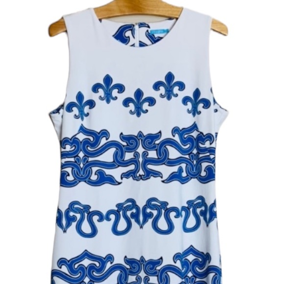 J. McLaughlin Sophia Dress Byzantium Fleur De Lis Size Medium White Blue - Picture 3 of 7